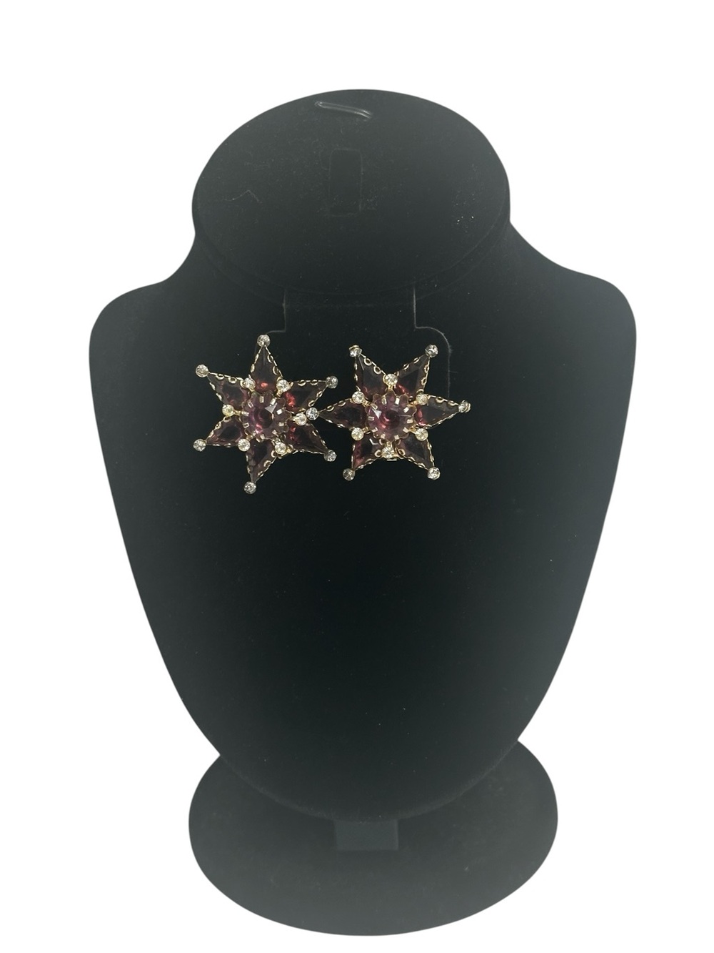 VTG Purple Rhinestone Starburst Clip On Earrings Gold Tone Celestial Y2K Glam